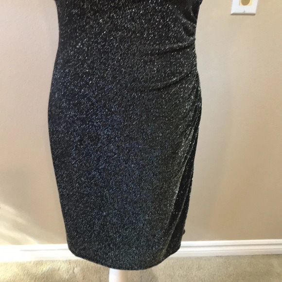 NWT Lauren Ralph Lauren Silver Sparkle Black Cinched Waist V-neck Midi Dress-8 - Picture 7 of 10